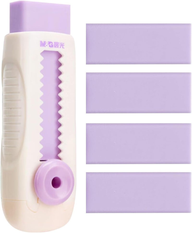 MG 4+1 Pack Rubber Erasers Sliding Retractable Eraser, Soft Cute Erasers Push Pull Large Pencil Eraser with Plastic Sleeve 4 Refill Eraser for Students Kids, School Office Home Supplies (Purple) - Image 1